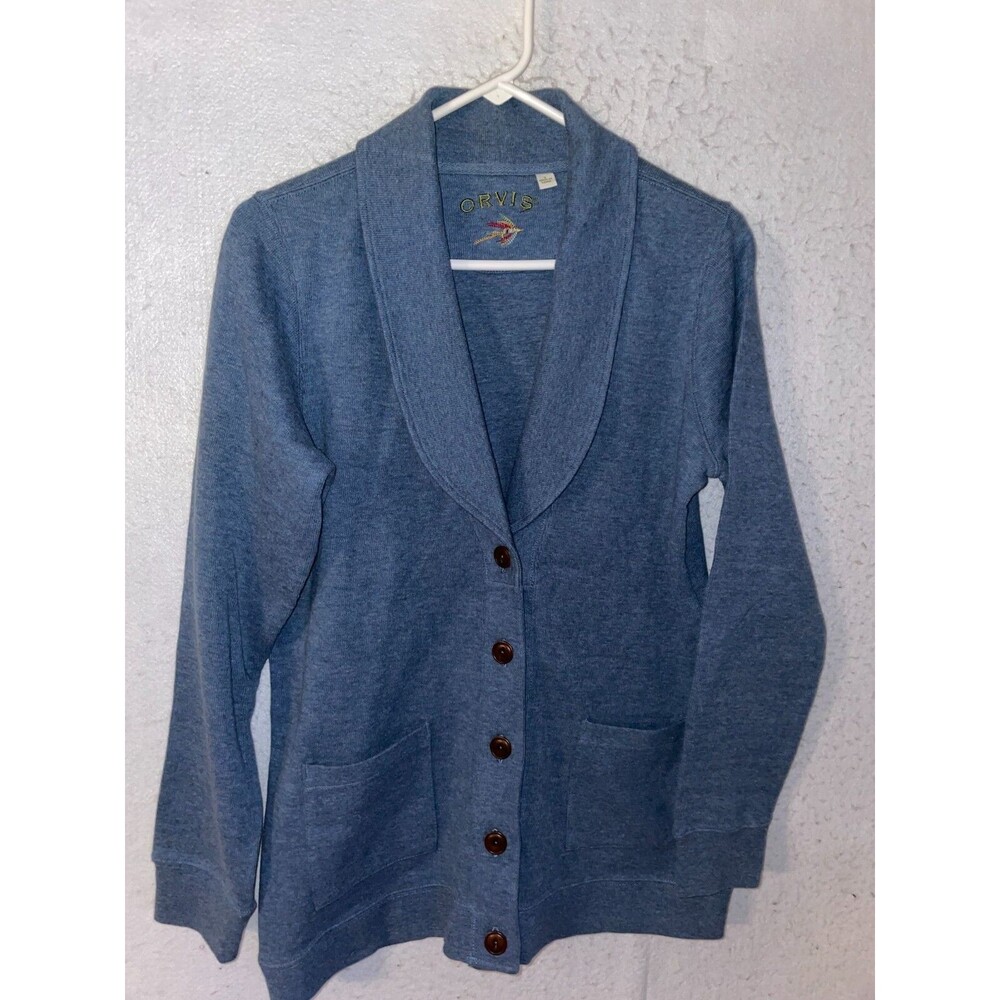 Orvis Women's Size S 100% Cotton Ribbed Knit Shawl Cardigan Sweater Blue Buttons